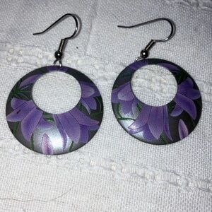 Vintage Purple‎ Floral Painted Metal Earrings